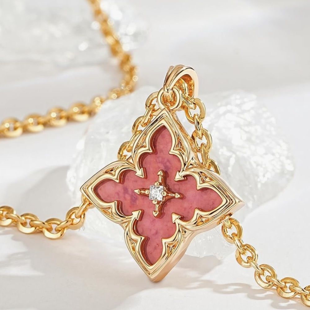 14K Gold Clover Necklace Red Rhodonite Stone Charm Pendant Flower Chain Dainty